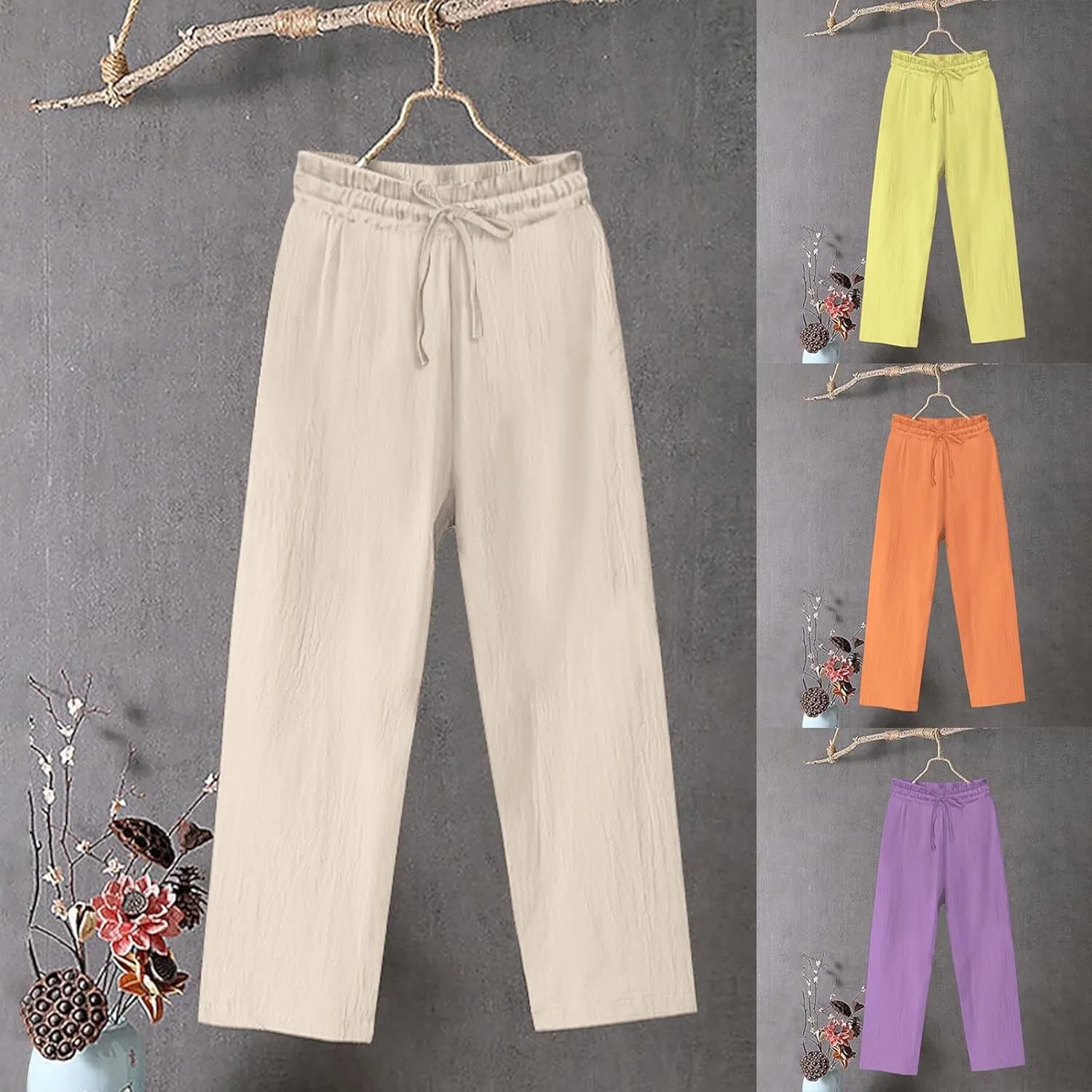 YRAETENM Women's Cotton Linen Straight Leg Pants Elastic Waist Long Trousers Casual Summer Beach Lounge Pants with Pockets