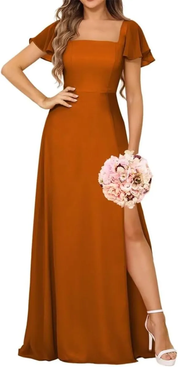 YRGERATON V Neck Chiffon Wedding Bridesmaid Dresses Short Sleeve Formal Evening Prom Princess Ball Gown with Slit JF343