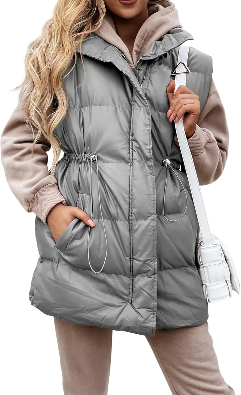 Yuemengxuan Women Long Cotton Vest Hooded Sleeveless Zipper Down Jacket Coat Winter Warm Padded Waistcoat with Pockets