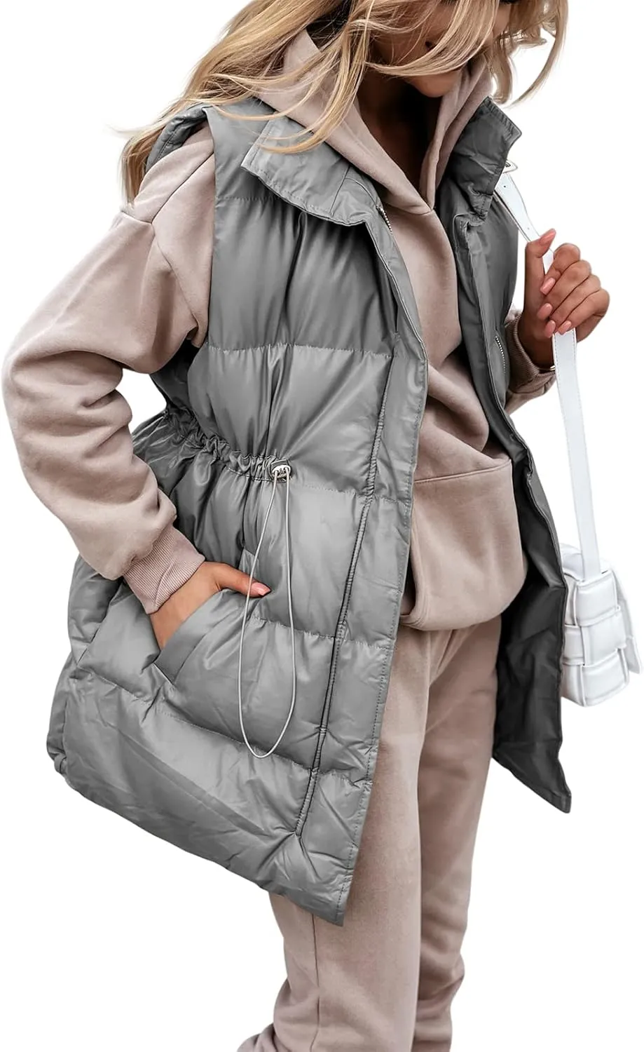 Yuemengxuan Women Long Cotton Vest Hooded Sleeveless Zipper Down Jacket Coat Winter Warm Padded Waistcoat with Pockets