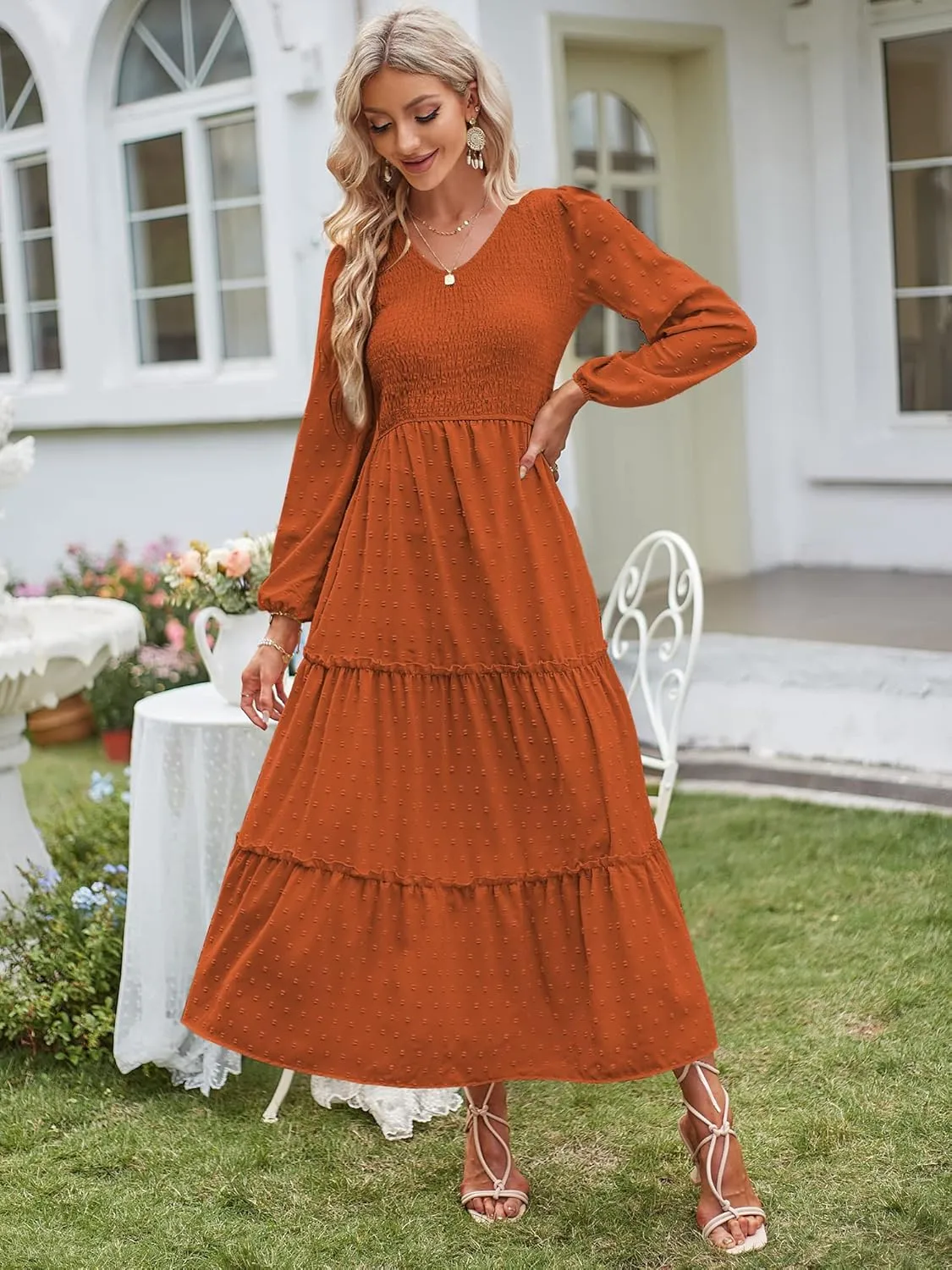 ZAFUL Womens V Neck Maxi Dress with Pockets Swiss Dot Smocked High Waist Long Sleeve Casual Tiered A-Line Dresses