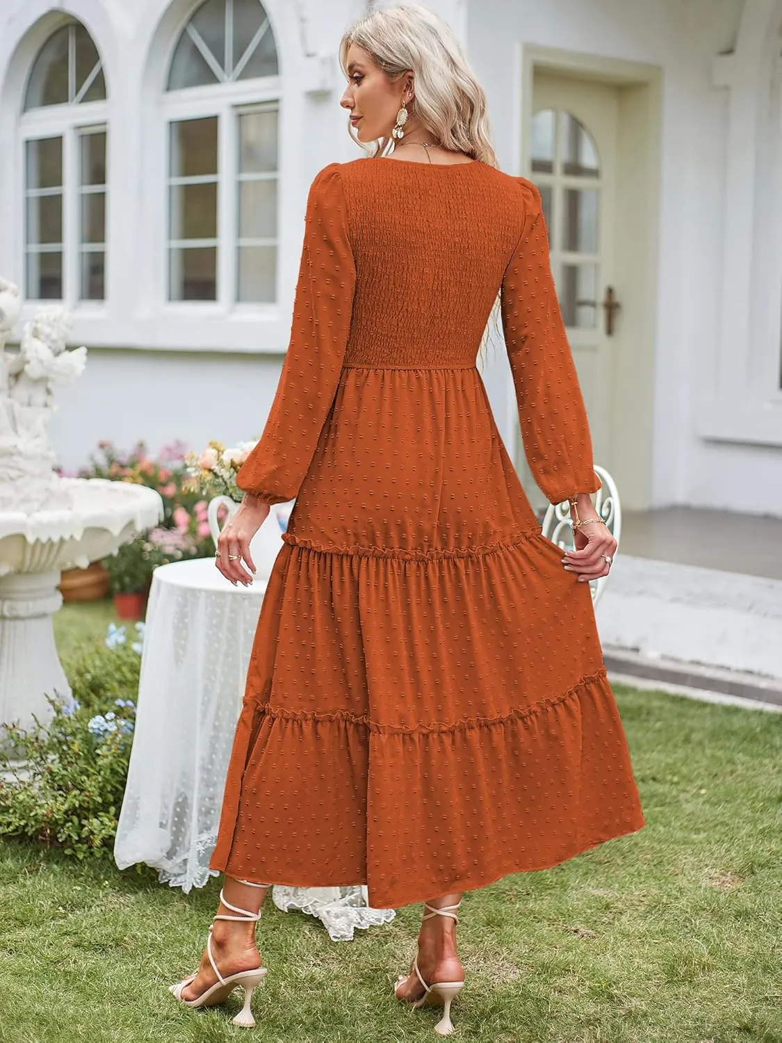 ZAFUL Womens V Neck Maxi Dress with Pockets Swiss Dot Smocked High Waist Long Sleeve Casual Tiered A-Line Dresses
