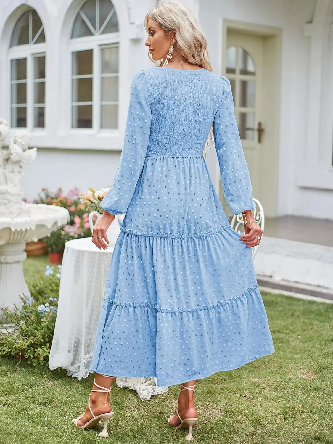 ZAFUL Womens V Neck Maxi Dress with Pockets Swiss Dot Smocked High Waist Long Sleeve Casual Tiered A-Line Dresses