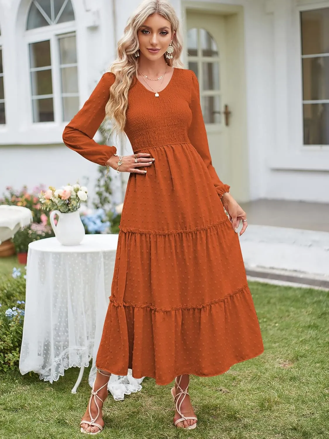 ZAFUL Womens V Neck Maxi Dress with Pockets Swiss Dot Smocked High Waist Long Sleeve Casual Tiered A-Line Dresses