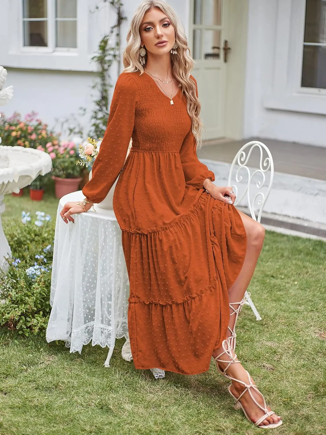ZAFUL Womens V Neck Maxi Dress with Pockets Swiss Dot Smocked High Waist Long Sleeve Casual Tiered A-Line Dresses