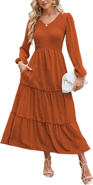 ZAFUL Womens V Neck Maxi Dress with Pockets Swiss Dot Smocked High Waist Long Sleeve Casual Tiered A-Line Dresses