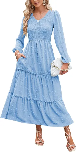 ZAFUL Womens V Neck Maxi Dress with Pockets Swiss Dot Smocked High Waist Long Sleeve Casual Tiered A-Line Dresses