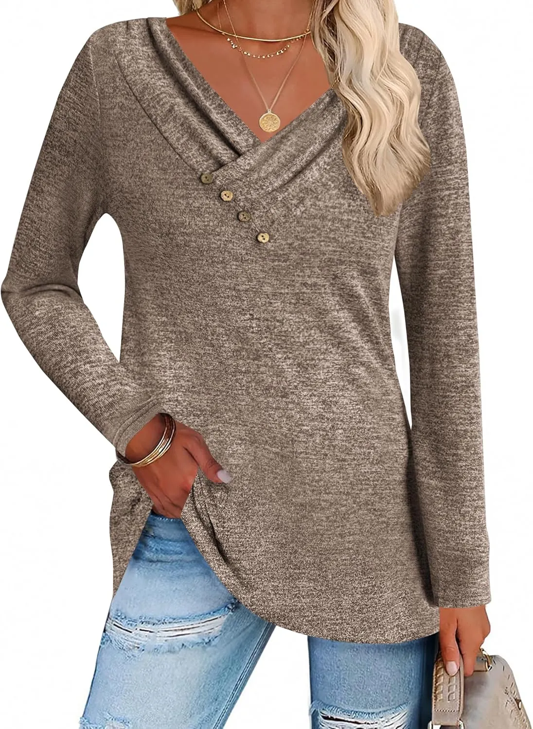 Zeagoo Women's Casual Tunic Tops Long Sleeve Shirts for Leggings V Neck Button Fall Pullover Blouse Loose Sweatshirts
