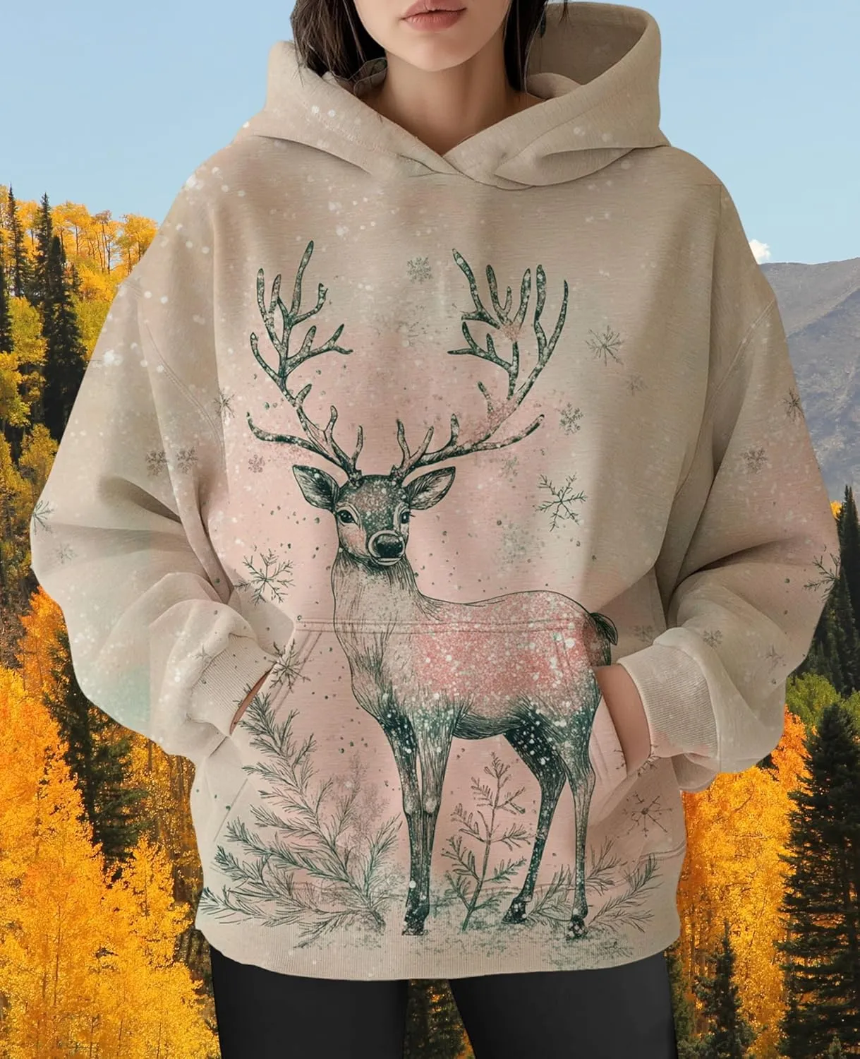 ZOCAVIA Womens Camo Hoodies Fall Winter Retro Long Sleeve Pullover Tops Casual Maple Leaf Graphic Hooded Sweatshirt Oversized