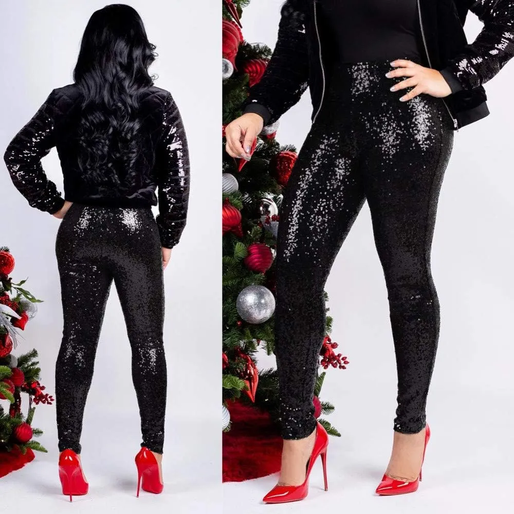 ZYXTIM Women's Shiny Sequin Petite Pants High Waist Stretchy Casual Hip Hop Club Wear Straight Leg Plus Size Pencil Pant