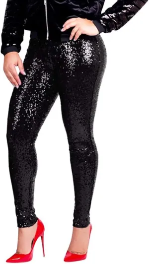 ZYXTIM Women's Shiny Sequin Petite Pants High Waist Stretchy Casual Hip Hop Club Wear Straight Leg Plus Size Pencil Pant